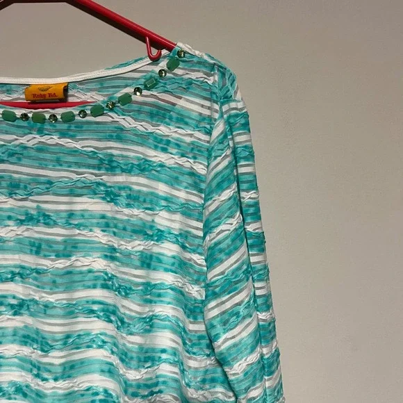 Ruby Rd Womens Top XL Blue White Striped Beaded Neck 3/4 Sleeve Tunic Layered - Picture 2 of 7